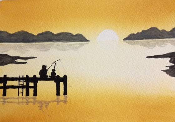 watercolour, silhouette of two people fishing on jetty, by Wendy Purvis