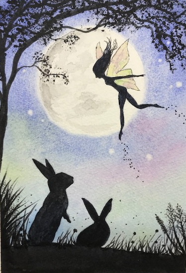 watercolour, silhouette of rabbits and fairy, by Wendy Purvis