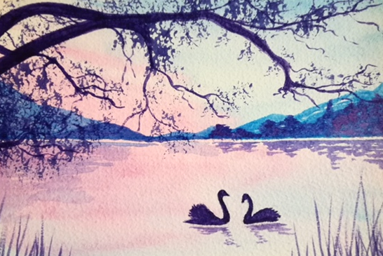 watercolour of swans on water by Wendy Purvis