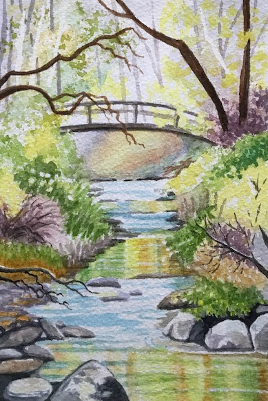 watercolour painting of bridge over stream by Wendy Purvis