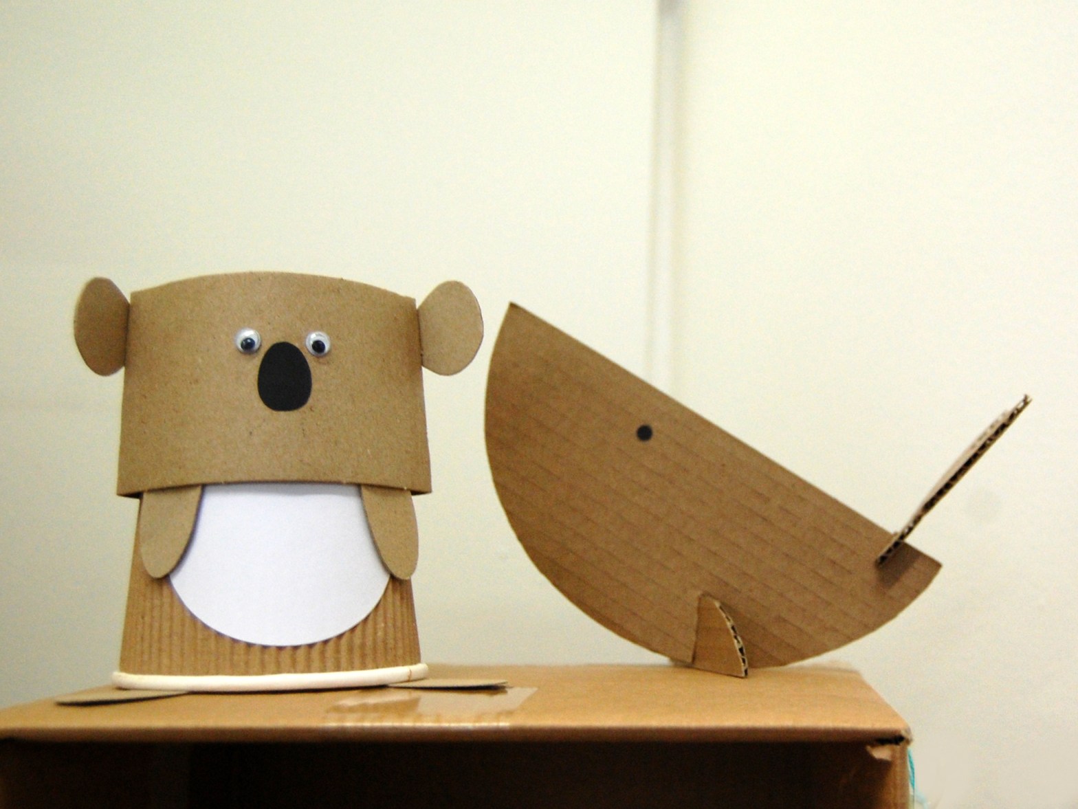 Koala and Whale created from cardboard packaging by Lucy Monkman.